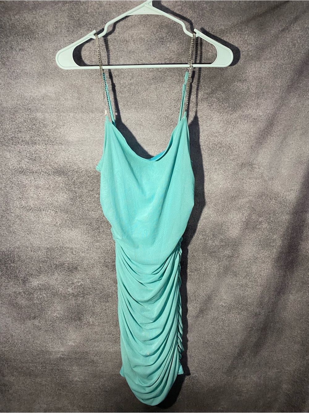 Symphony Ruched Mini Dress Light Aqua Teal Rhinestone Chain Straps Size L